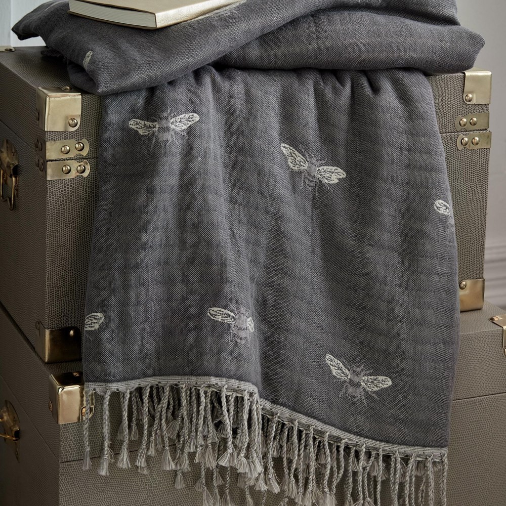 Bee Cotton Throw by Sophie Allport in Granite Grey